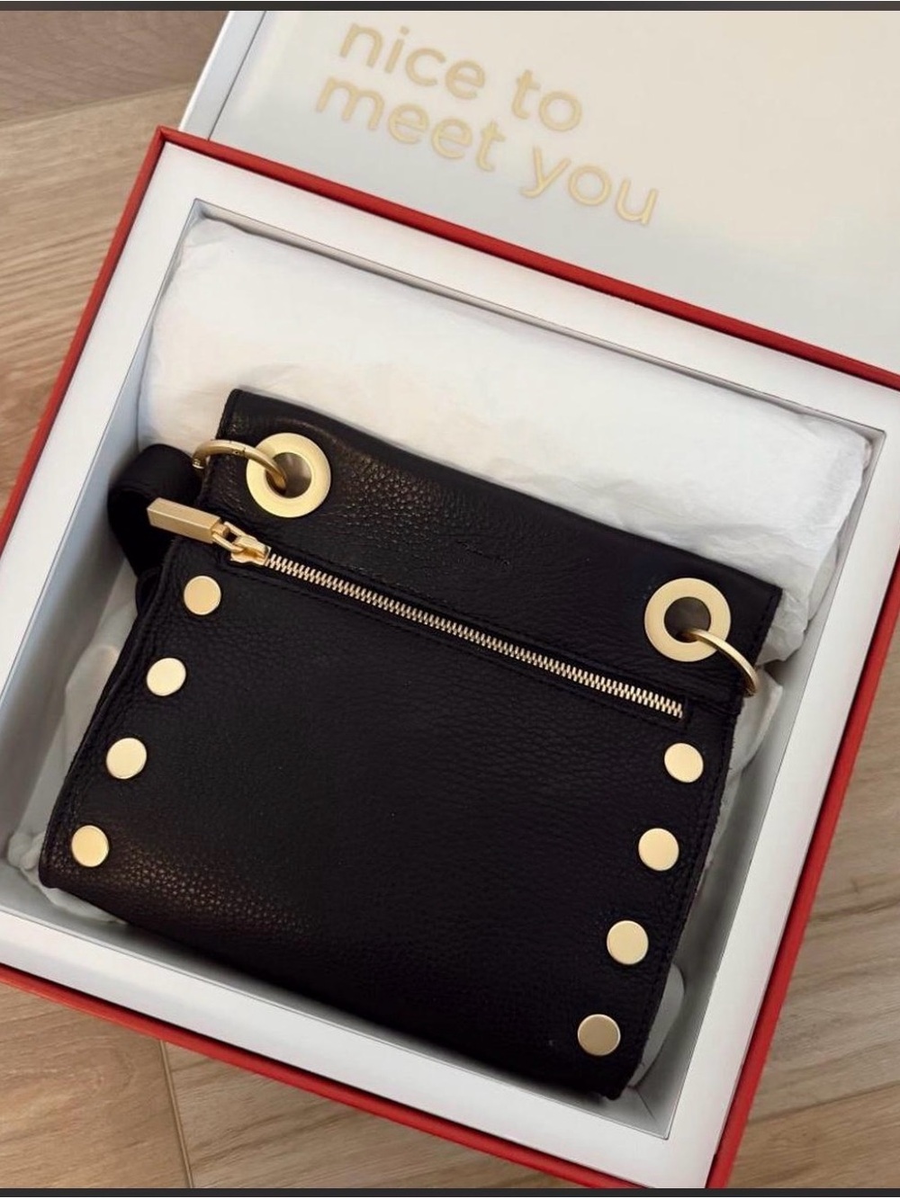 Black Leather Crossbody with Gold Ring Details